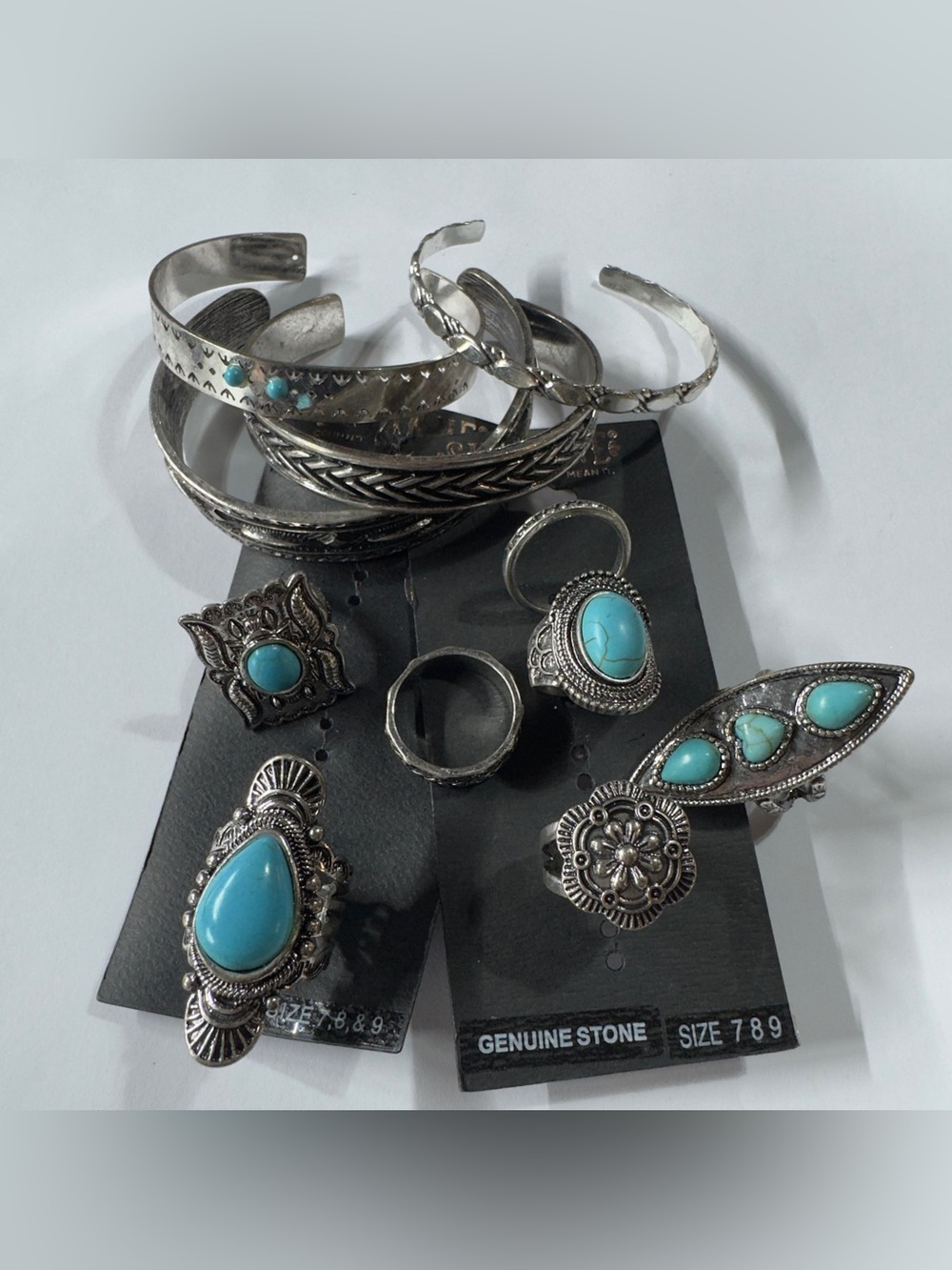 Shyanne Silver-Tone Turquoise Stone Ring size 7,8 & 9 Cuff Bracelet Set